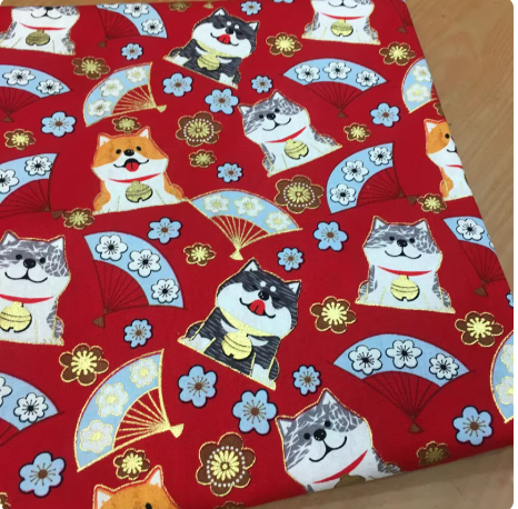 ผ้าสไตล์ญี่ปุ่น ผ้าคอตตอนพิมพ์ลายร้อน ลายนกฟลามิงโก้ ลายคลื่นทะเลใส ลายนกกระเรียน ผ้าลายดอกซากุระ SKU-03521 สีภาพ เมตร