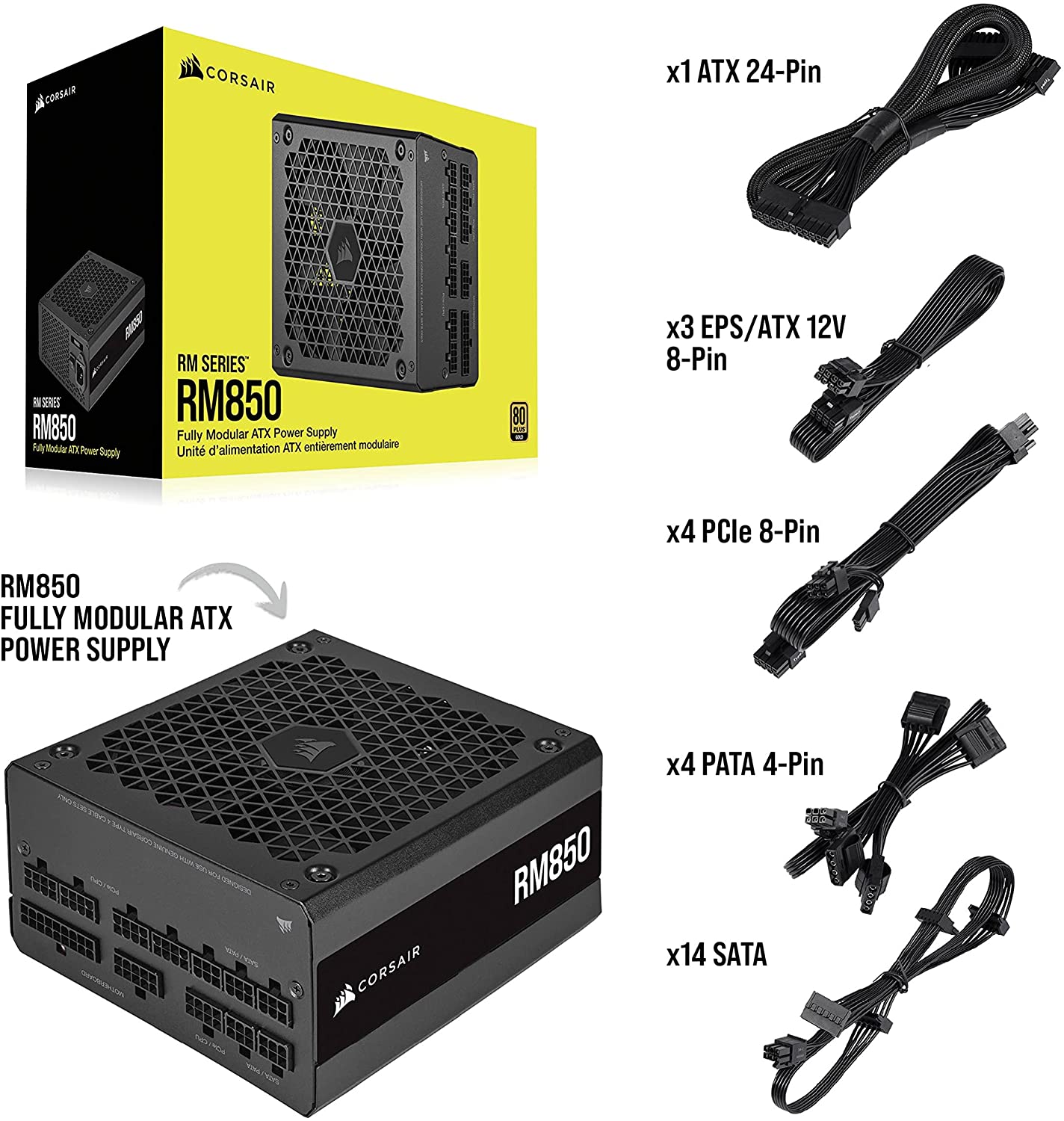 PSU CORSAIR RM Series (2021), RM850, 850 Watt, 80 Plus Gold Certified, Fully Modular Power Supply