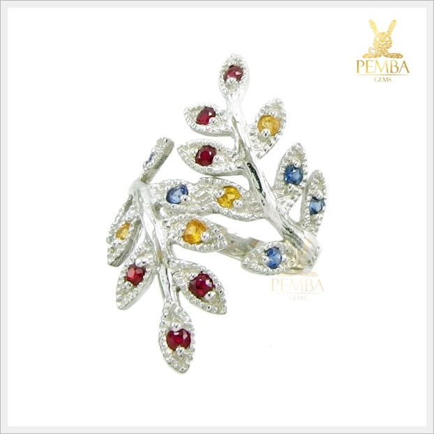 แหวนแฟนซีแซฟไฟร์แท้ หลากสีสันสวยงาม เงินแท้925 แหวนพลอยแท้