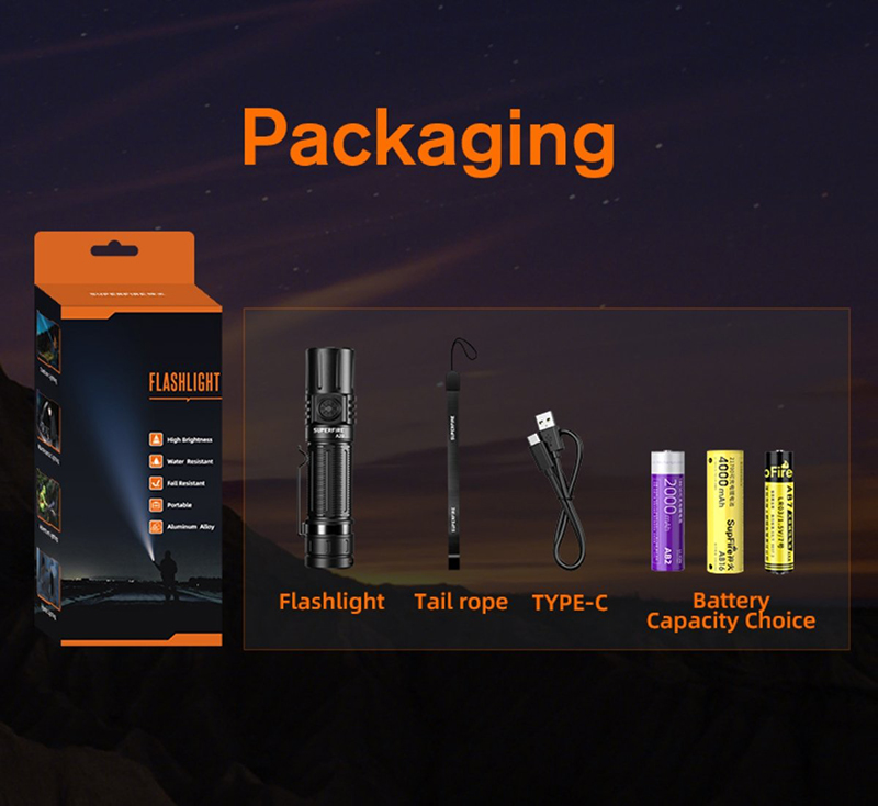 ชุดเซตไฟฉาย SuperFire รุ่น A20 แสงขาว 1700ลูเมนส์ พร้อมแบตเตอรี่ และสายชาร์จ USB Rechargeable