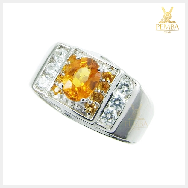 แหวนบุษราคัมแท้ สีเหลืองทอง สวยใสไฟดี เงินแท้ ชุบทองคำขาว