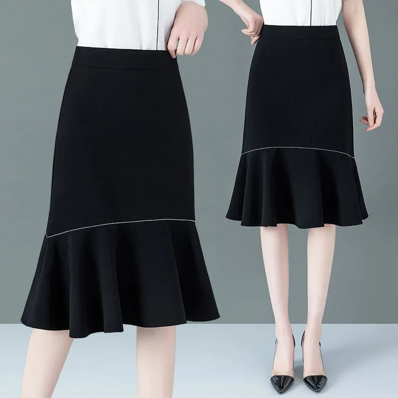 กระโปรงพนักงานทรงเอยาว มีความยืดหยุ่น เอวสูง KQ6811007 สีภาพ S-3XL