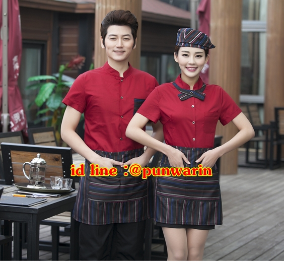 เสื้อฟอร์มพนักงานร้านอาหารกาแฟโรงแรม แขนสั้นผ้าฝ้ายคอจีน F6012015 แดง ดำ เขียว L-3XL