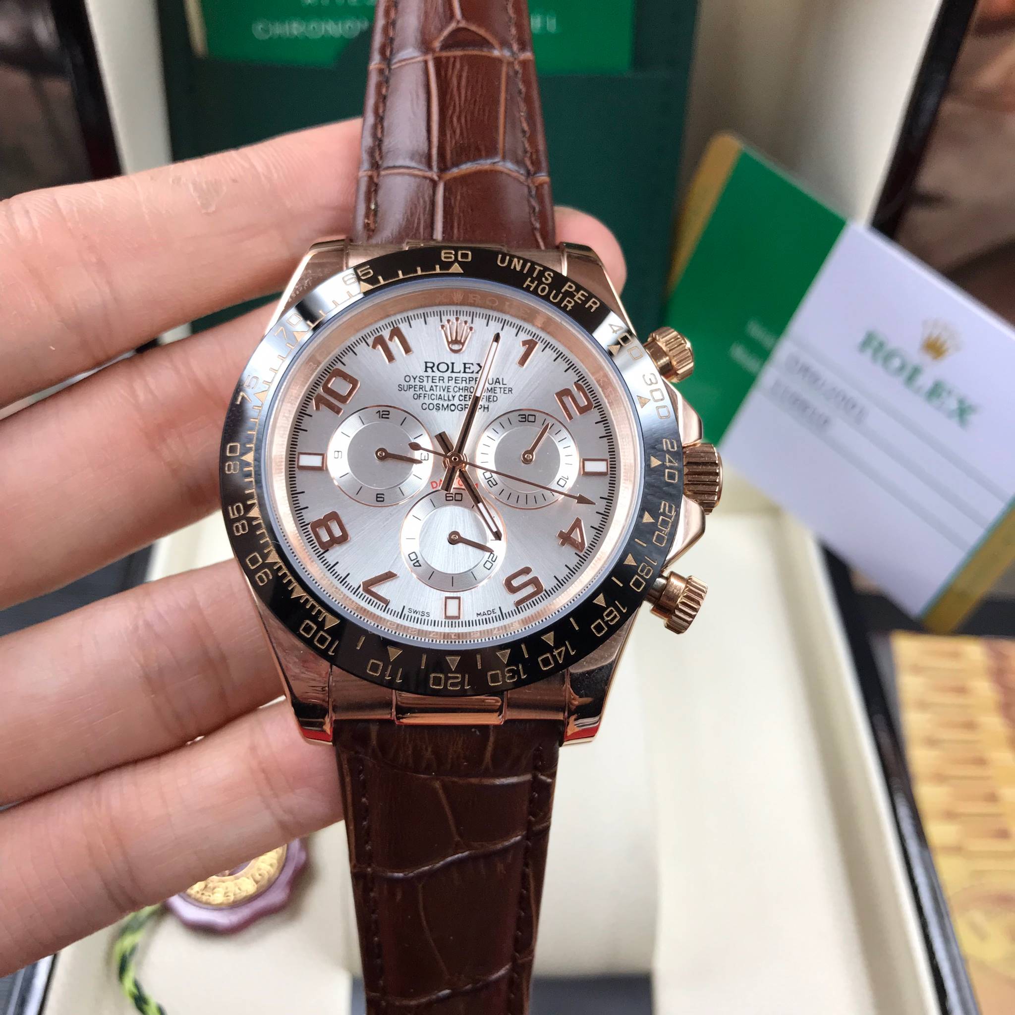นาฬิกา Rolex Daytona Cosmograph Ceramic สี Pink Gold หน้าปัดเทาเงิน งาน Mirror Swiss