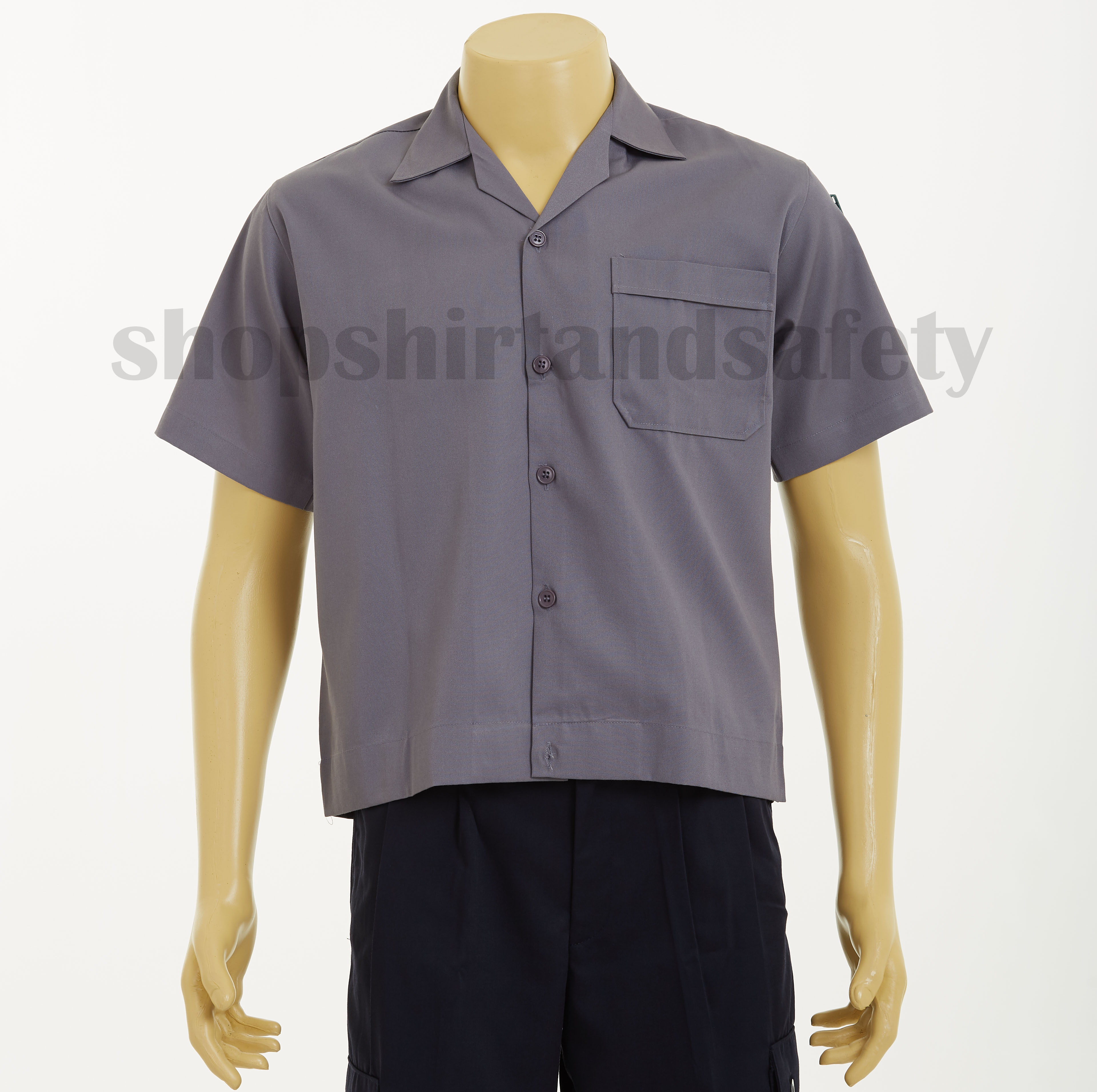เสื้อช็อปแขนสั้นแบบกระเป๋าเดียวสีเทาล้วน