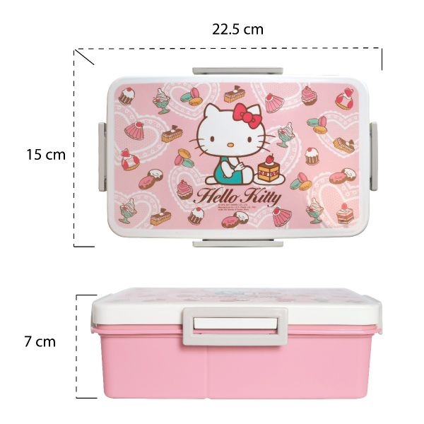 P10455 กล่องข้าวแบ่ง 2 ช่อง+ช้อน ล๊อคได้ ขายดี ลายคิตตี้ (14.5*22.2*6.7 cm) เกรดเอ สีสวย ลิขสิทธิ์ถูกต้อง No.9197 (ราคาส่งต่อ 12 ชุด:100 บต่อชุด)