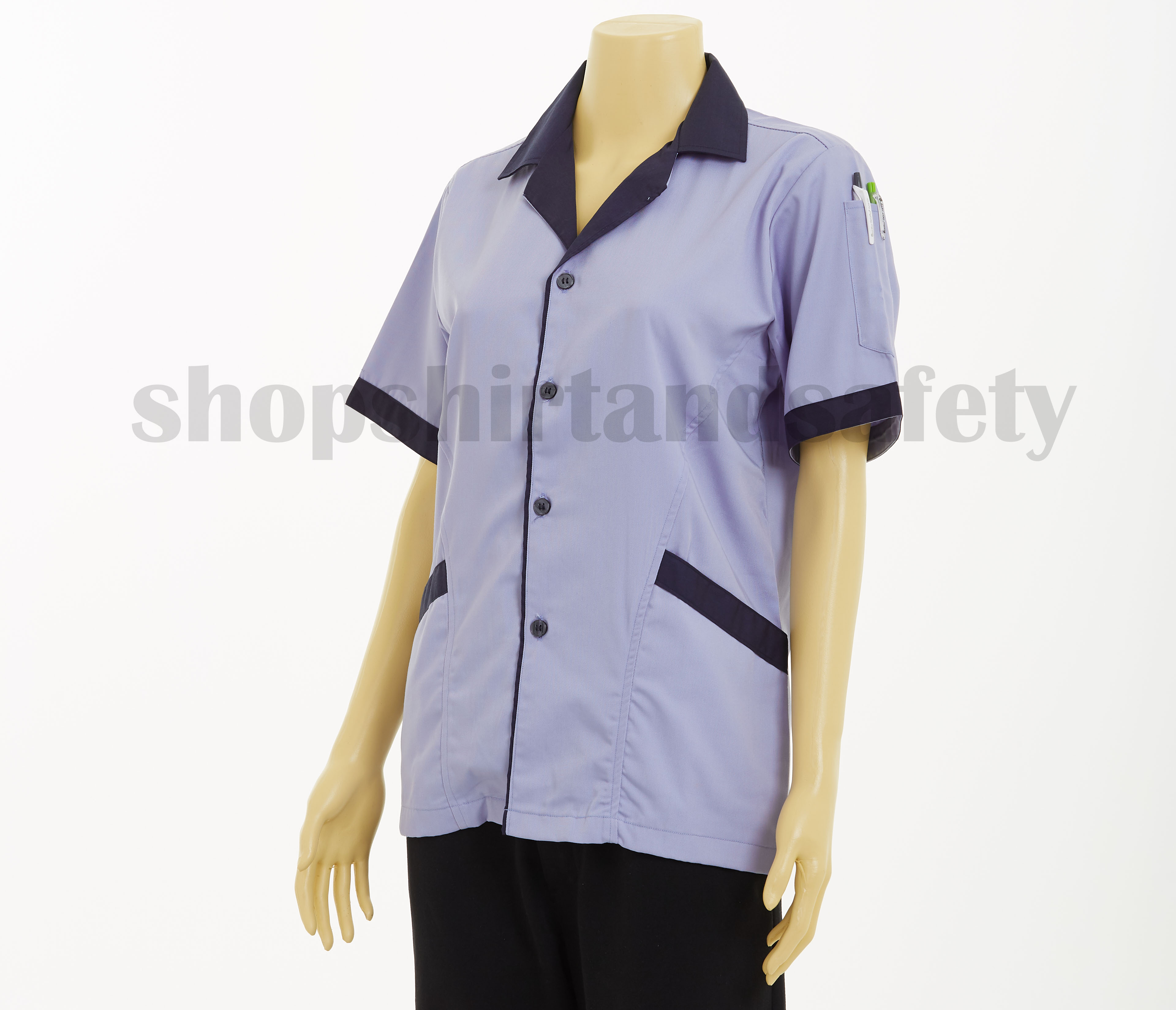 เสื้อแม่บ้านแขนสั้นคอฮาวายแบบสีฟ้าอมม่วงปกน้ำตาล