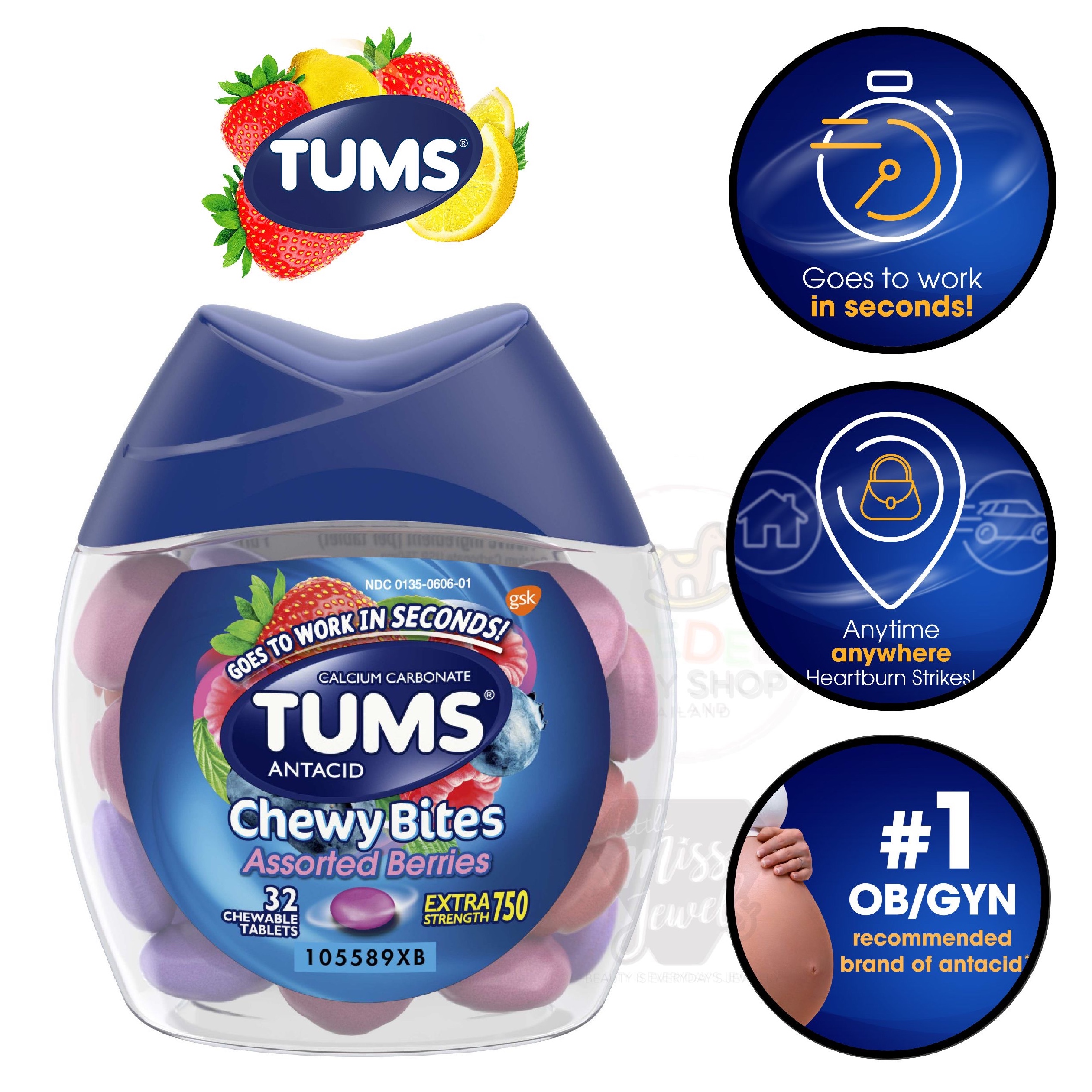 เม็ดเคี้ยวบรรเทาอาการกรดไหลย้อน TUMS Antacid Chewy Bites Extra Strength 750 - Assorted Berries (32 Chewable Tablets)
