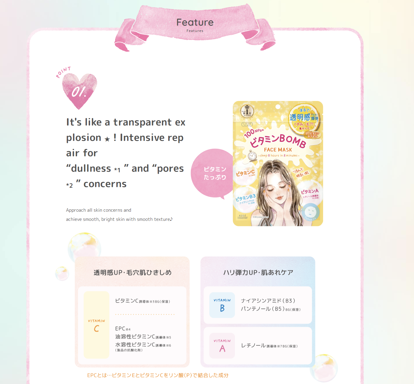 (ซองเหลืองเข้ม) Kose Clear Turn ฺVitamin Bomb Brigtening Face Mask 7 Sheets แผ่นมาส์กหน้าจากโคเซ่ สูตรผิวใสด้วยวิตามิน A B C