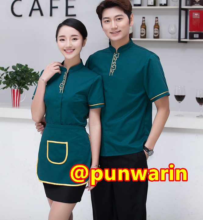 VDOเสื้อฟอร์มพนักงานร้านอาหารกาแฟโรงแรม แขนสั้นผ้าฝ้ายคอจีน F6012005 เขียว แดง ดำ L-4XL