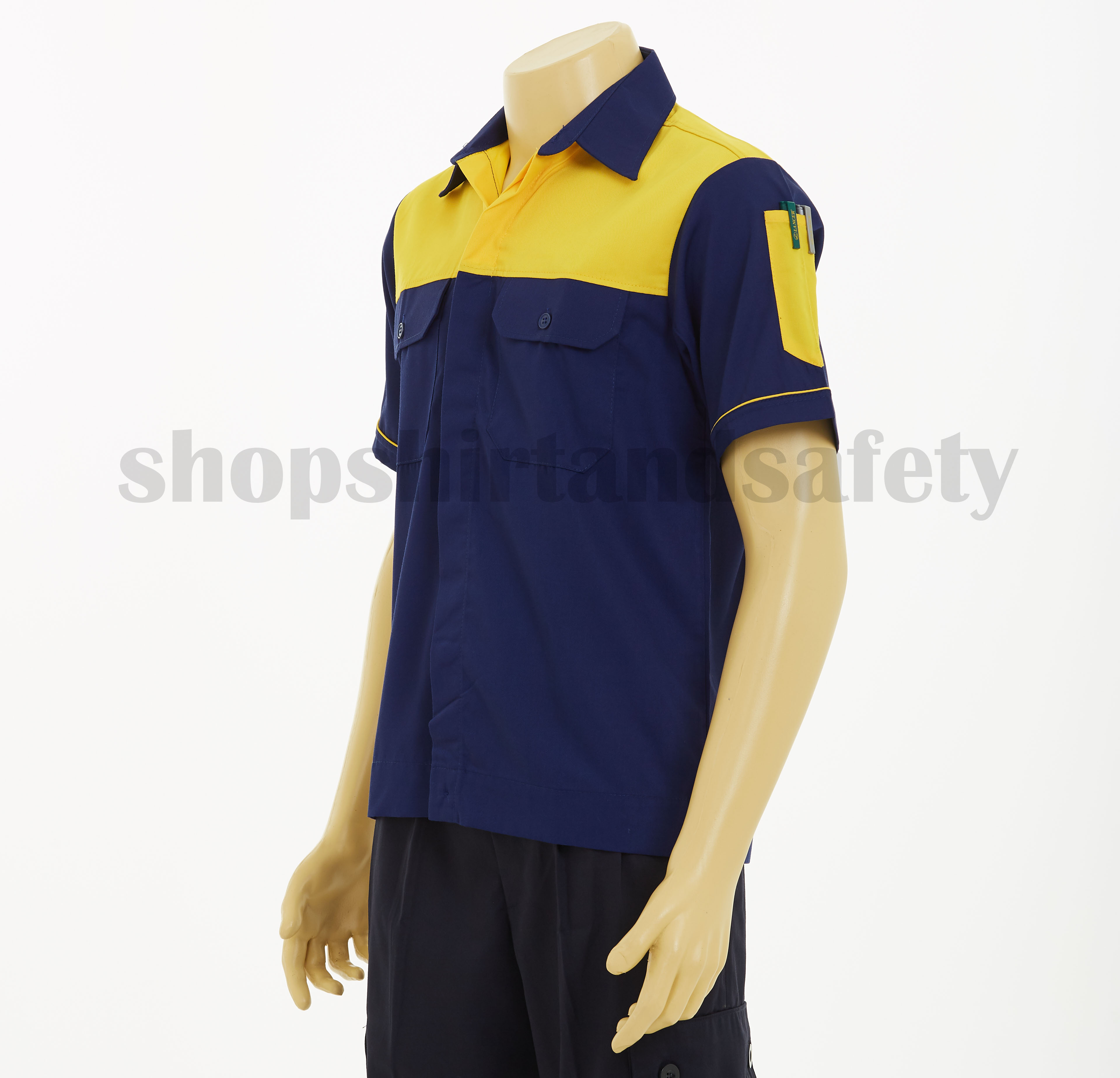 เสื้อช็อปแขนสั้นแบบน้ำเงินอกเหลืองเพิ่มกระดุมซ่อนสาบ