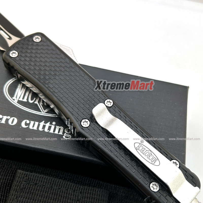 มีดสปริงตรงขนาดใหญ่ Microtech คม 2 ด้าน ด้ามลายตาราง Combat Troodon 00556 D/E Automatic Knife Camping Tool (Dual Front)