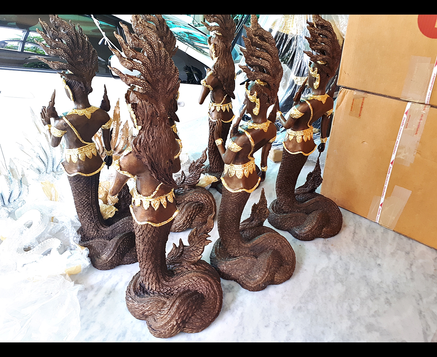 รูปหล่อ พญานาคราช (ท่านปู่นาคา-ศรีสุทโธ ท่านยานาคี-ศรีปทุมวัน) พญานาคปรก 9ตน 9เศียร โลหะทองเหลืองรมดำปิดทอง (ขนาดบูชา องค์ขนาดใหญ่ สูง 25นิ้ว) (ขายปลีก ขายส่ง)