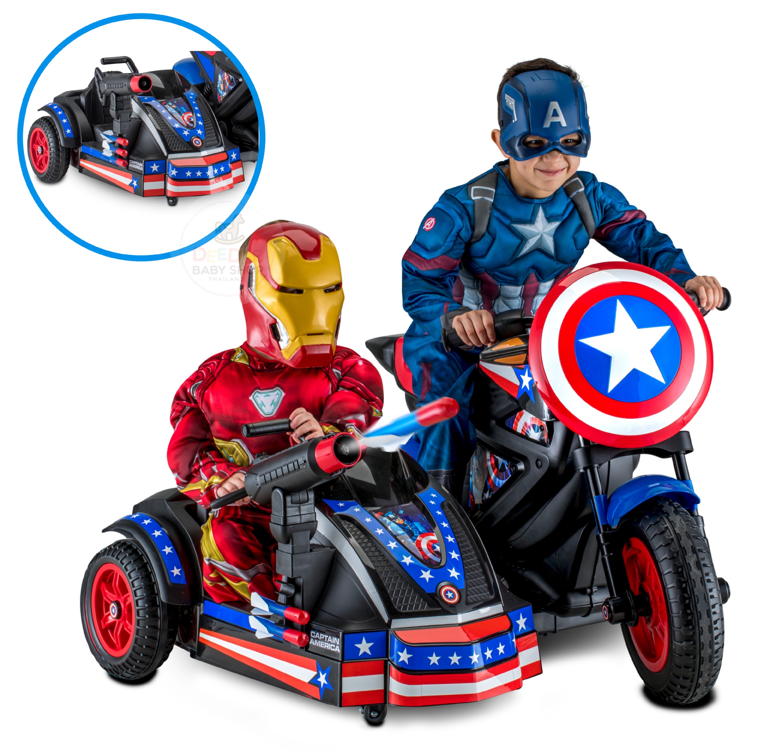 รถมอเตอร์ไซค์แบตเตอรี่พร้อมรถพ่วงข้าง Kid Trax Marvel Captain America Motorcycle & Side Car