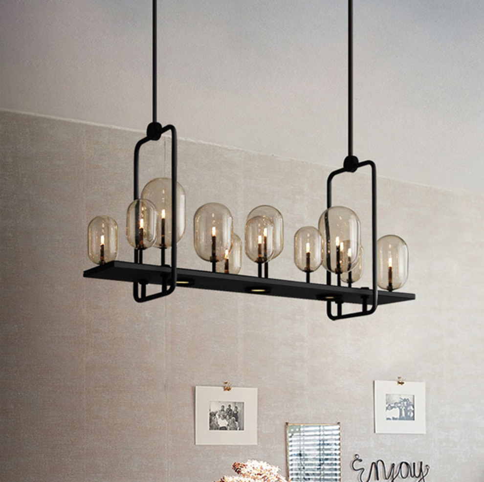 โคมไฟแชนเดอเรีย โครงเหล็กยาวสีดำ โป๊ะแก้ว Bubble สไตล์ Europe Modern [XS1101-1]