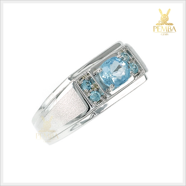 แหวนอะความารีนแท้ เงินแท้925 ชุบทองคำขาว อัญมณีสีฟ้าสวยใสดั่งน้ำทะเล