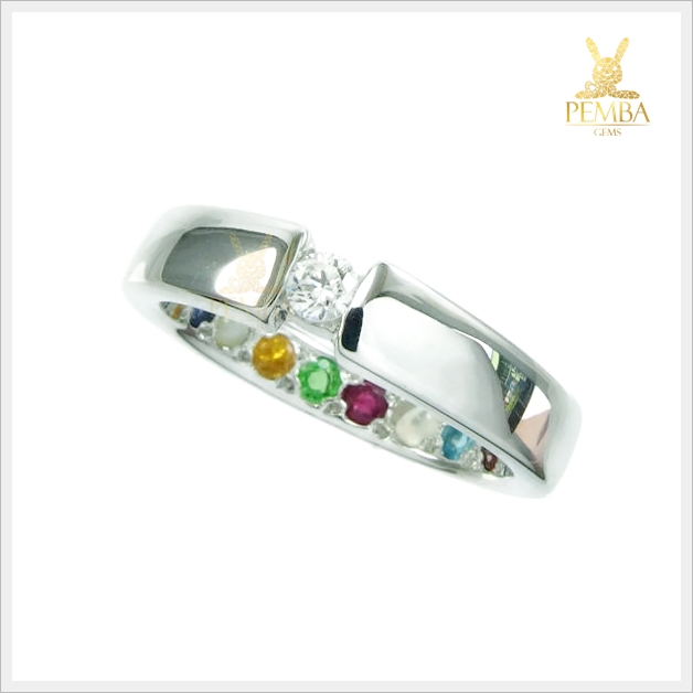 แหวนนพเก้าแท้ เพชรแท้ เงินแท้925 ชุบทองคำขาว ฝังใต้ท้องแหวน