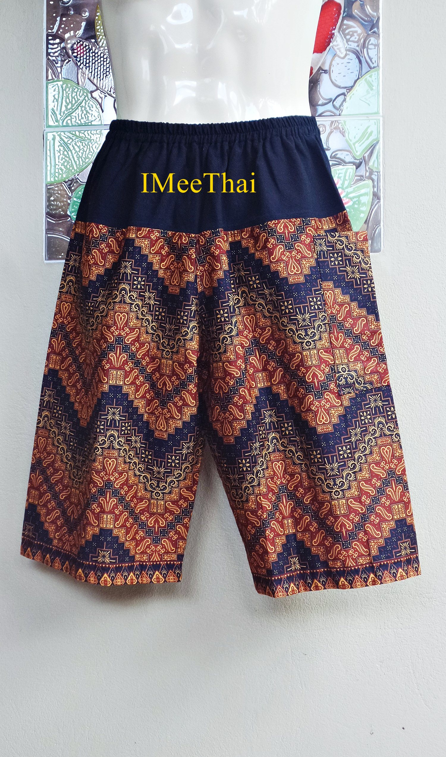 กางเกง 3 ส่วน ลายไทย สีน้ำตาลดำ