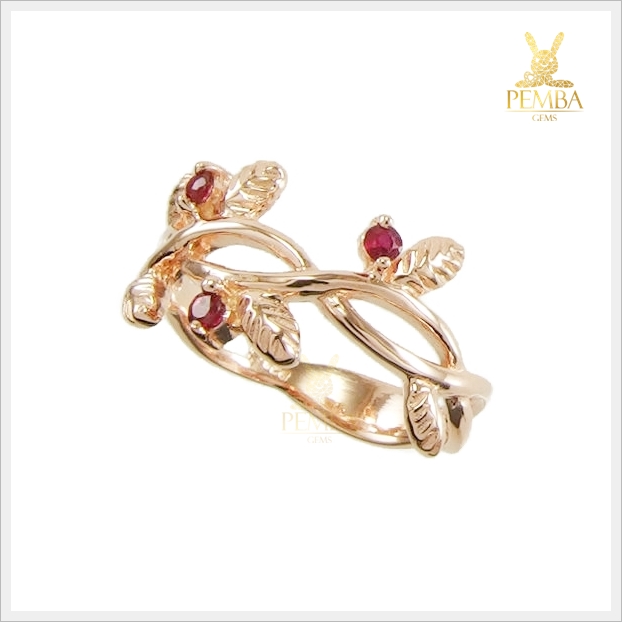 แหวนทับทิมแท้ เงินแท้ ชุบพิงค์โกลด์ ดีไซน์รูปใบมะกอกสวยเก๋ แหวนพลอยแท้