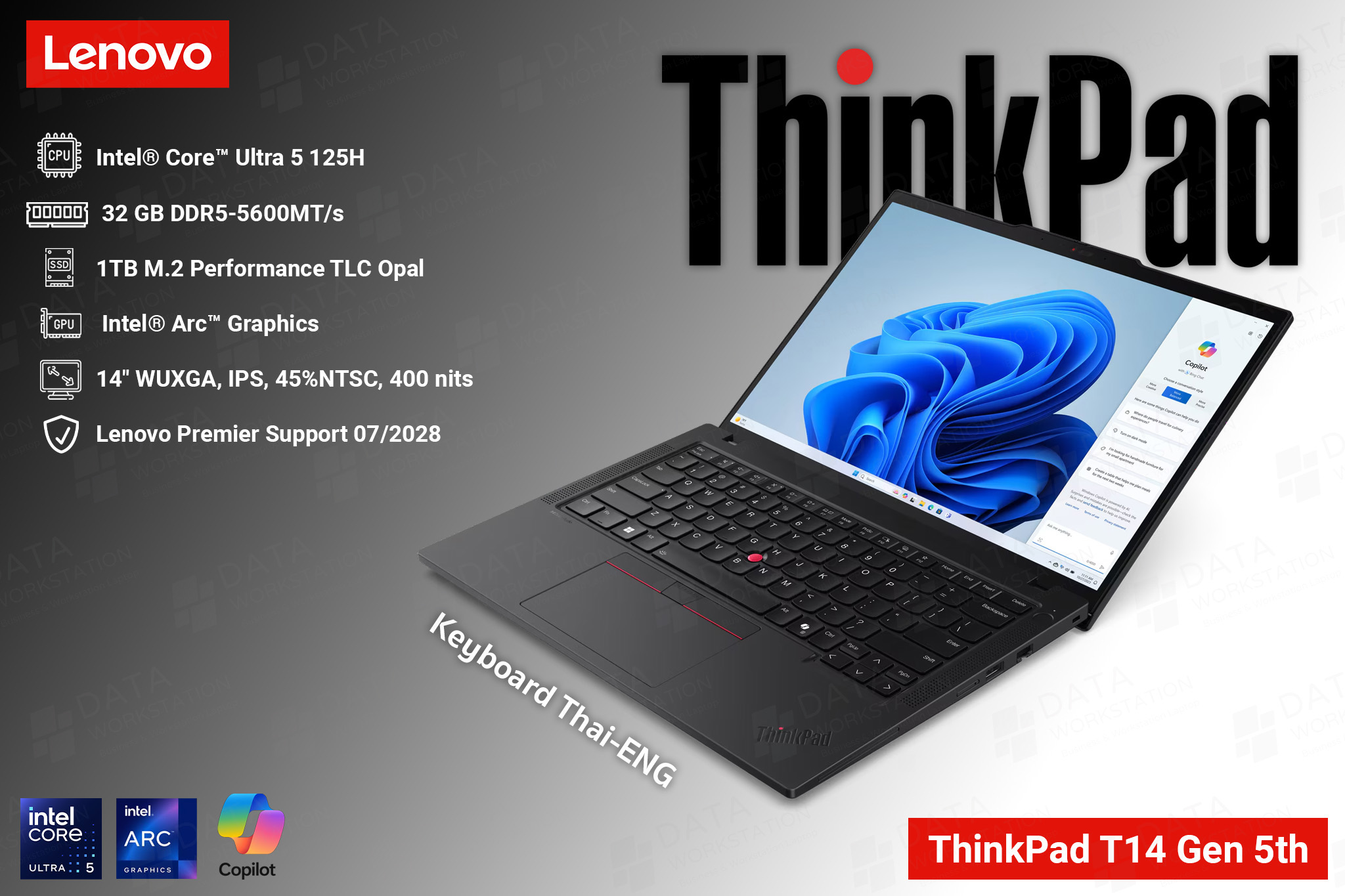 Lenovo ThinkPad T14 Gen 5 CPU Ultra 5 125H/Ram32/SSD 1TB/Intel Arc/14" FHD+ *เครื่องมือหนึ่งไม่แกะกล่อง(รวมภาษีแล้ว ออกใบกำกับได้)