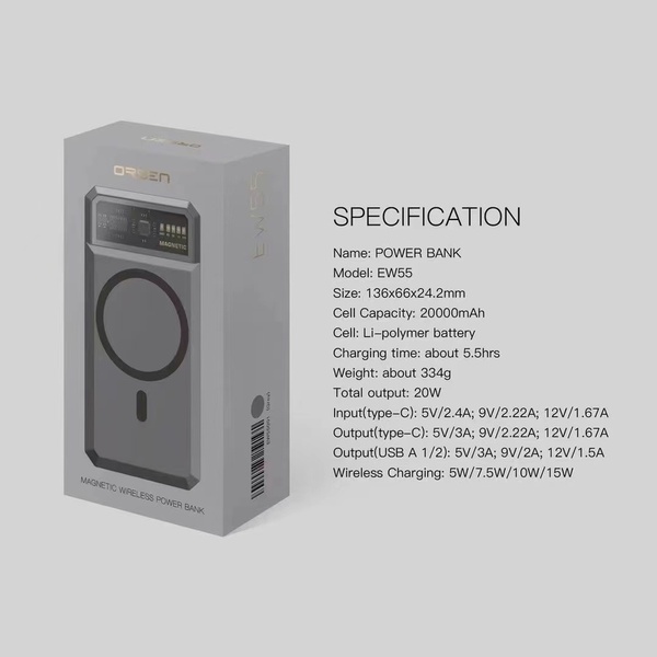 แบตสำรอง Eloop Orsen E53/EW54/EW55 Magnetic 10000, 20000mAh แบตสำรองไร้สาย Wireless Charger