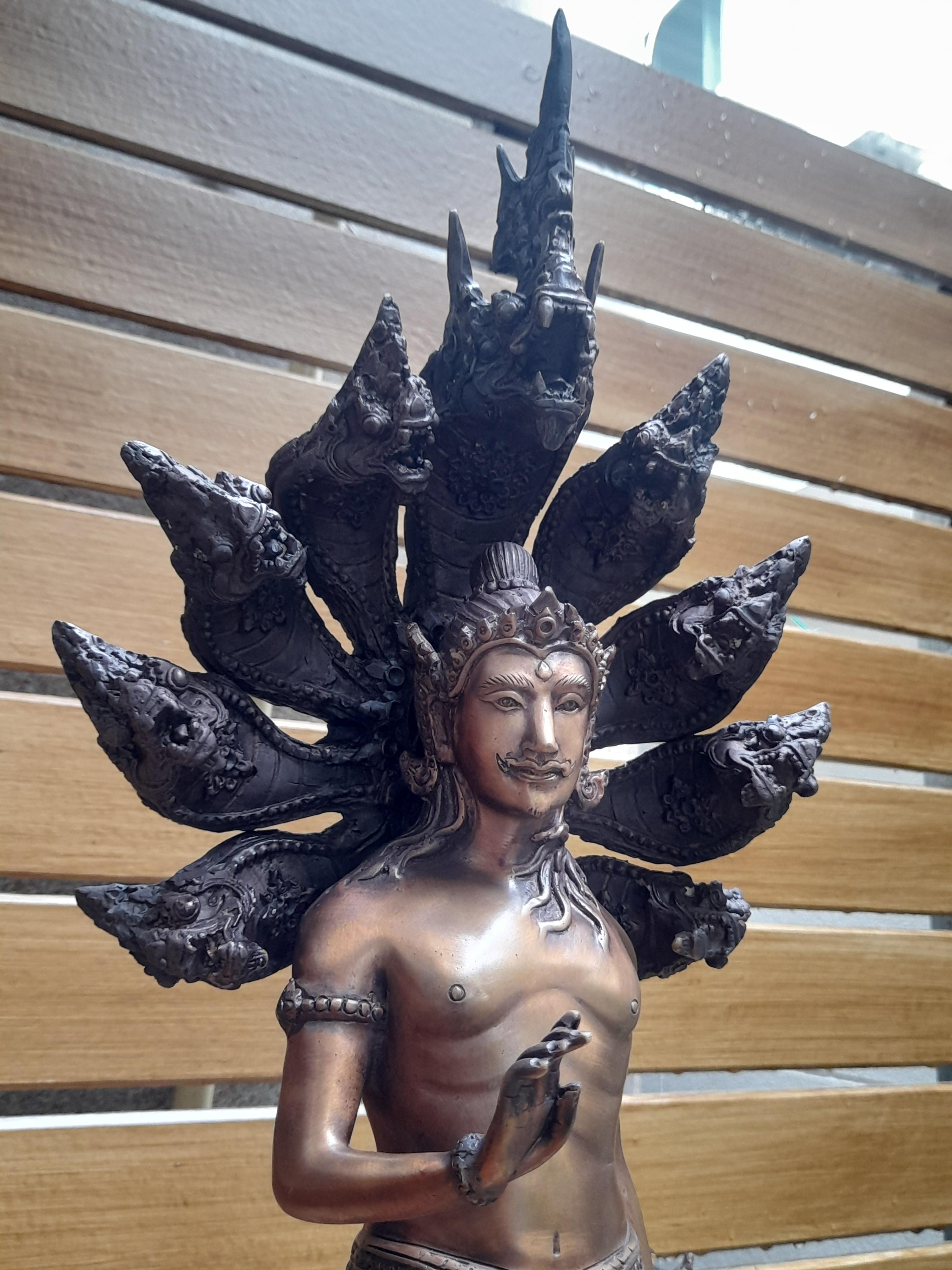 รูปหล่อ พญานาคราช ปาง ประทานพร มนุษย์ ครึ่งพญานาค นาคปรก 9หัว เศียร เนื้อทองเหลือง สีสัมฤทธิ์ (สูง22นิ้ว) (งานพรีออเดอร์สั่งทำ 2เดือน)