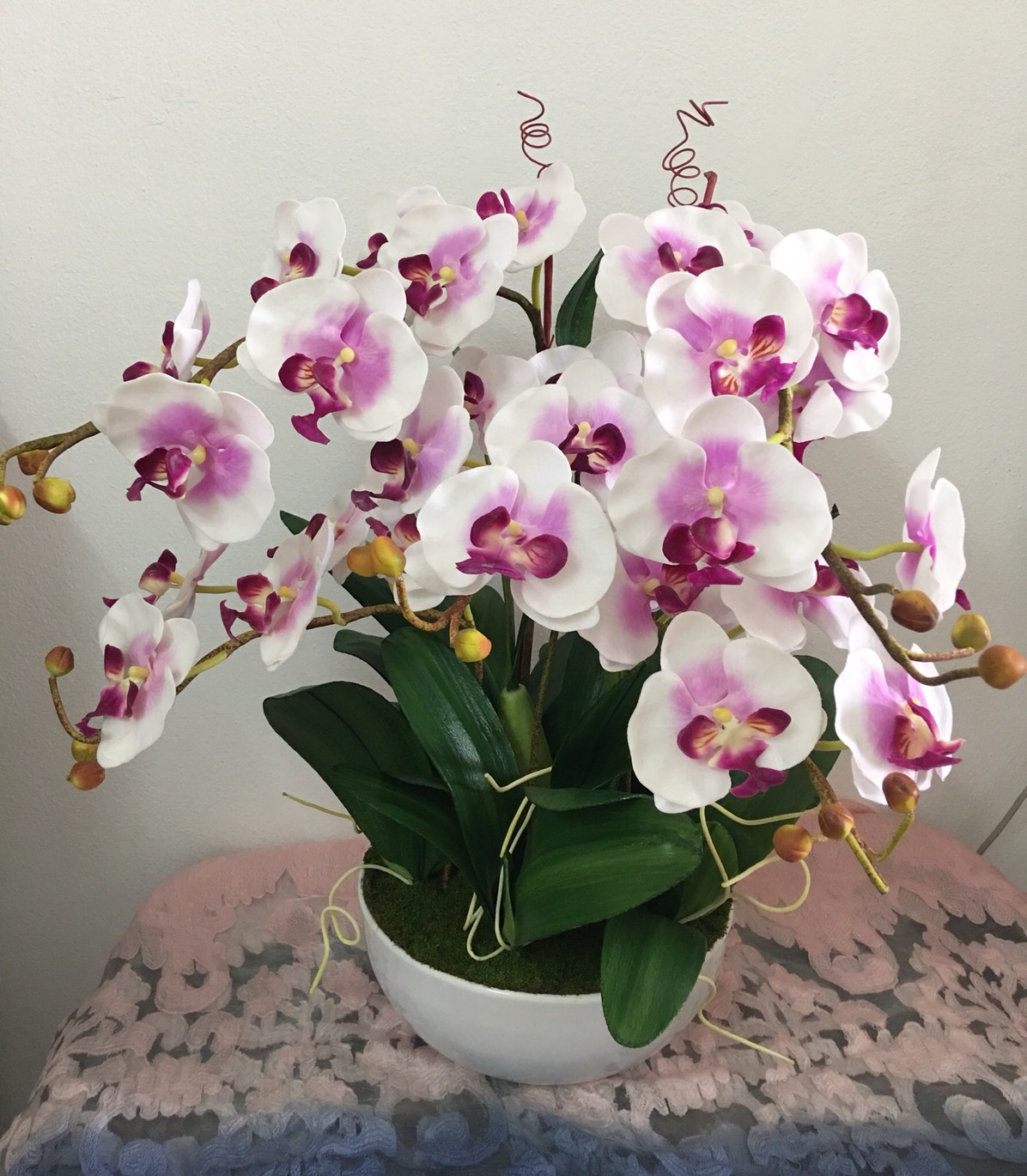 ดอกกล้วยไม้ ช่อใหญ่ สีชมพู่ขาว (สูง23นิ้ว กว้าง16นิ้ว) พร้อมกระถาง