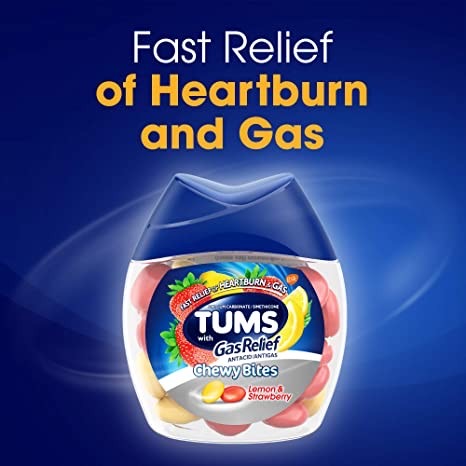 เม็ดเคี้ยวบรรเทาอาการกรดไหลย้อนและก๊าซในกระเพาะอาหาร TUMS Antacid Chewy Bites + Gas Relief - Lemon & Stawberry (54 Chewable Tablets)