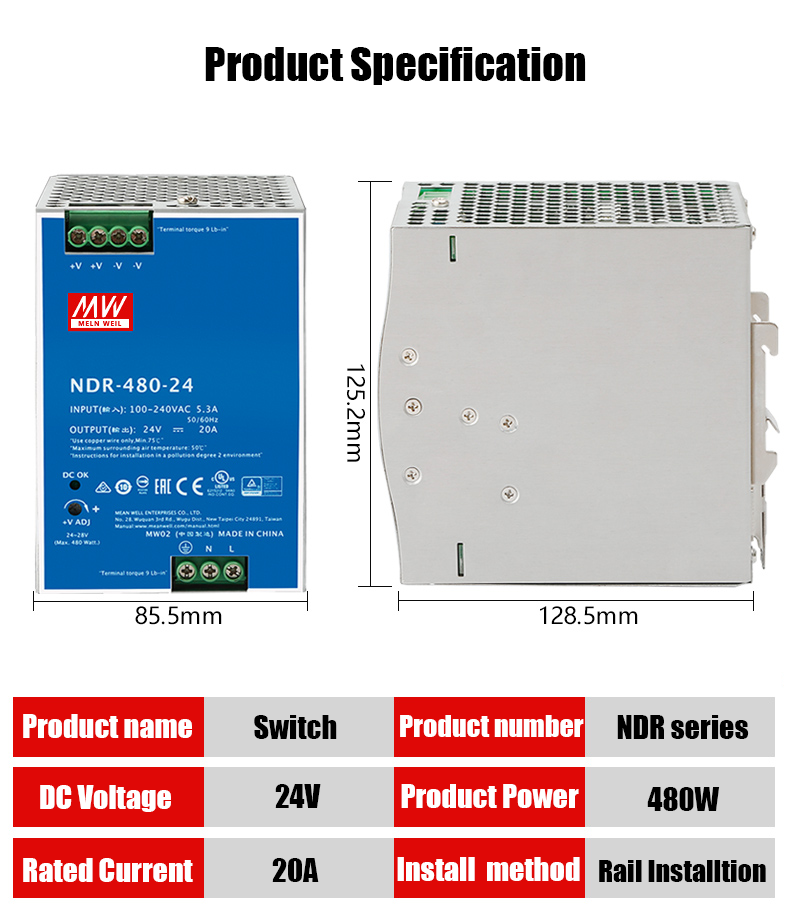 Meanwell สวิทชิ่งเพาเวอร์ซัพพลาย 24V NDR-480-24 /480W/20A/ Input 220VAC