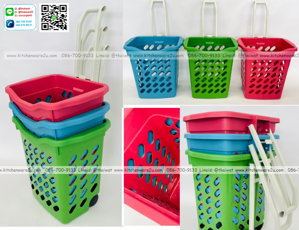 P12160 ตะกร้าผ้าล้อลาก สีพาสเทล ด้ามเข็นพับเก็บได้ (37*51*52.5 cm ) No.999 ราคาขายส่งต่อ 1 โหล: เฉลี่ย 140 บต่อใบ