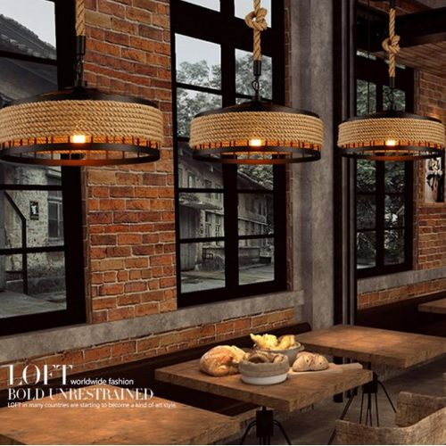 โคมไฟห้อยเพดาน American Country พันเชือกลินิน ทรงกระโจม