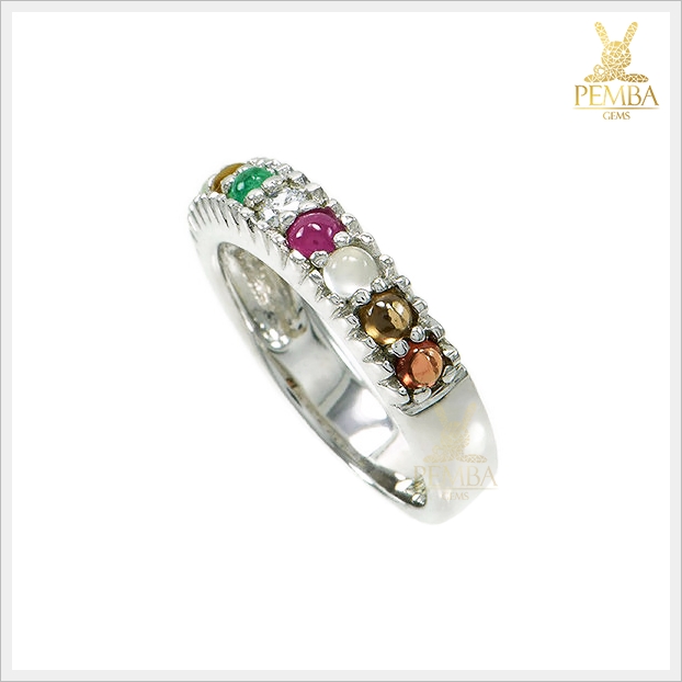 แหวนนพเก้า ตามตำราโบราณ เงินแท้925 ชุบทองคำขาว แหวนพลอยแท้