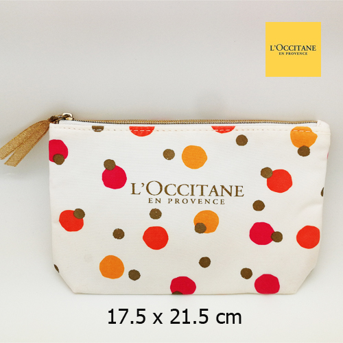 Loccitane Fresh Dot Bag กระเป๋าเครื่องสำอางลอกซิทานสีครีม พิมพ์ลายดอทสีสดใส และแต่งซิปด้วยโบว์น่ารักสีทอง