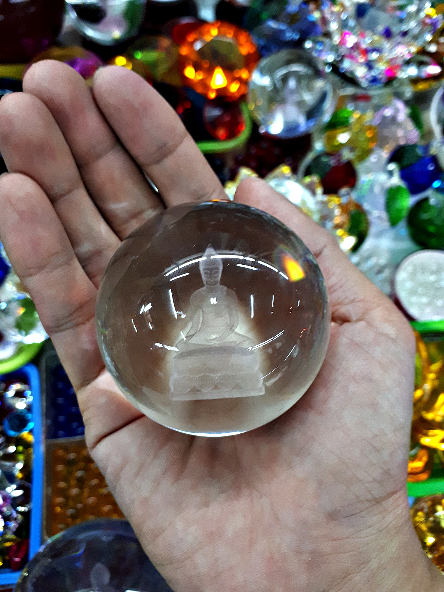 ลูกแก้ว ลาย พระพุทธรูป 3มิติ ขนาด 10ซม (4นิ้ว) 15ซม (6นิ้ว) และ 20ซม (8นิ้ว) 2 นิ้ว ครึ่ง (6 เซนติเมตร ซม. cm Centimeter) พร้อมฐานตั้งรองไม้ หมุนรอบด้านได้