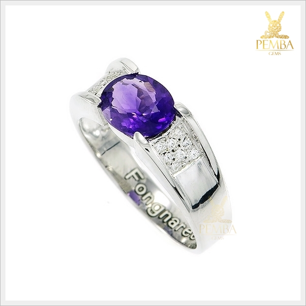 แหวนอเมทิสต์แท้ สีม่วงสดใส เงินแท้925 ชุบทองคำขาว เพิ่มความมั่นใจ