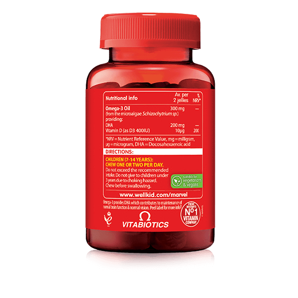 วิตามินเสริมแร่ธาตุโอเมก้า 3 ชนิดกัมมี่สำหรับเด็กโต Vitabioics Wellkid Marvel Omega-3 & Vitamin D