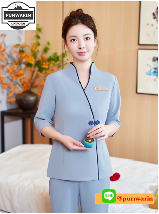 ชุดสปาสไตล์จีน ชุดทรีตเม้นท์ ชุดพนักงานเสริมสวย SKU-03294 ฟ้า เทา น้ำเงิน S-3XL