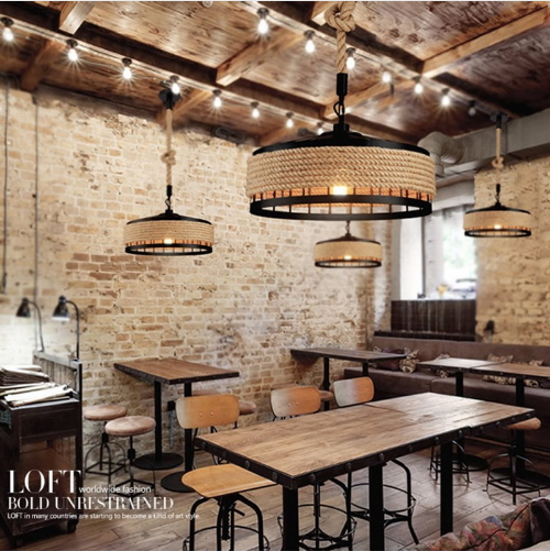 โคมไฟห้อยเพดาน American Country พันเชือกลินิน ทรงกระโจม