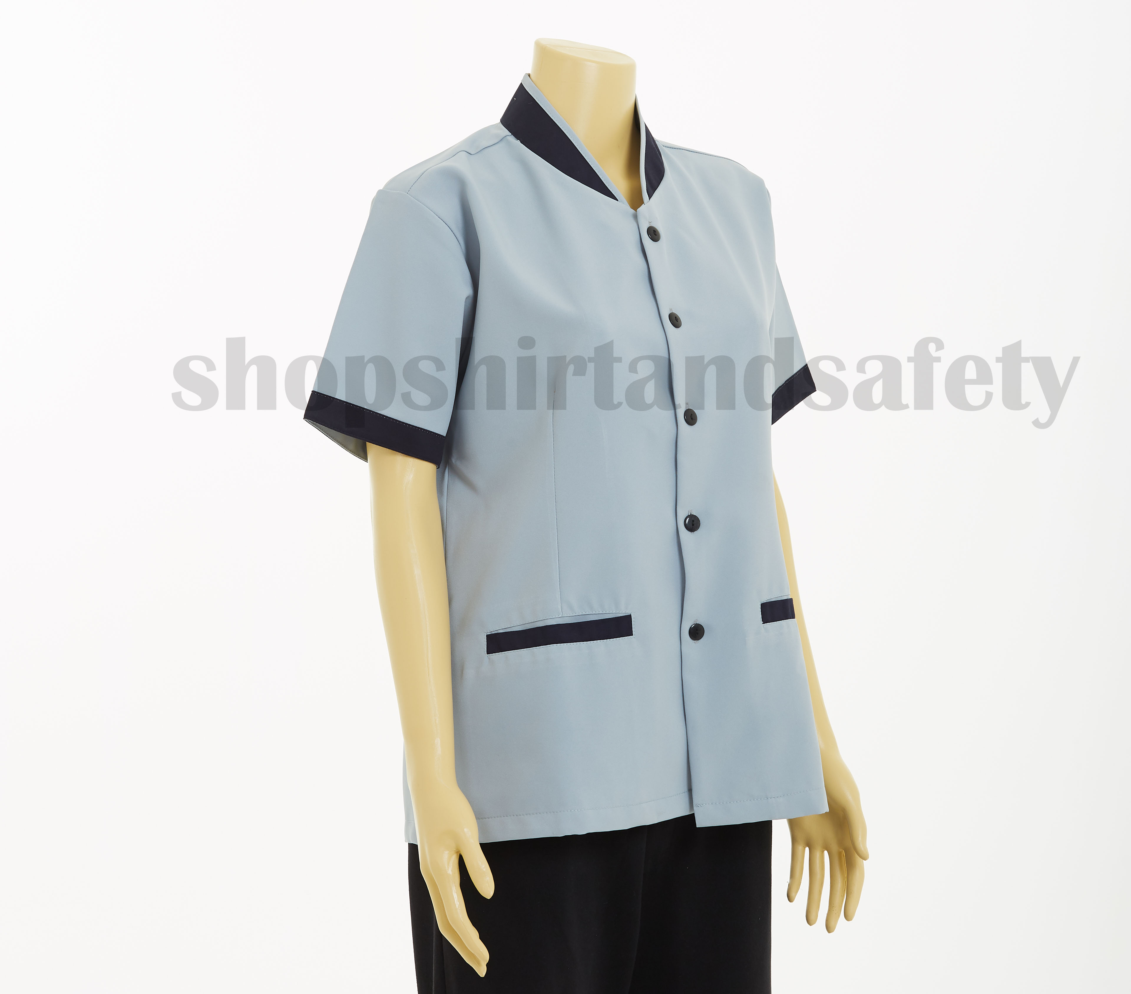 เสื้อแม่บ้านแขนสั้นคอจีนแบบสีเขียวปกกรมท่า