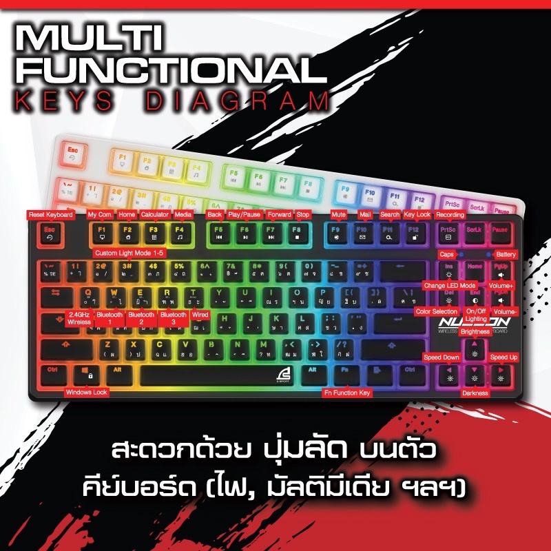ส่งฟรี SIGNO E-Sport Wireless TKL Mechanical Gaming Keyboard รุ่น NUZZON KB-751 BLK (เกมส์มิ่ง คีย์บอร์ด) KB751 KB751W