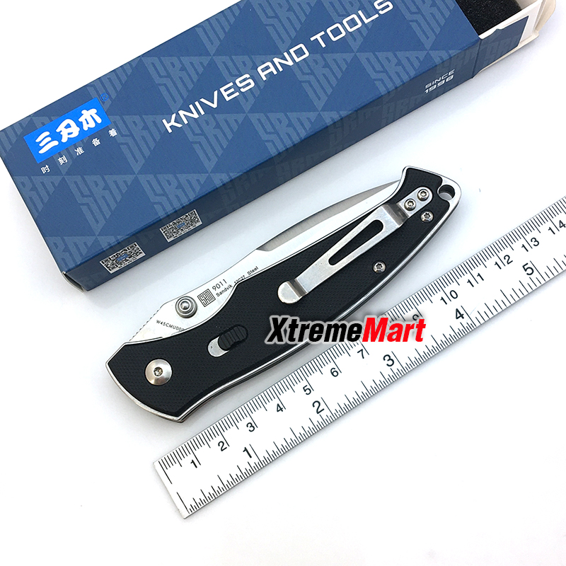 มีดพับ SANRENMU 9011 / SRM-9011 ใบมีดสแตนเลส 12c27 ใบเงินเรียบ ด้ามจับ G10 สีดำ