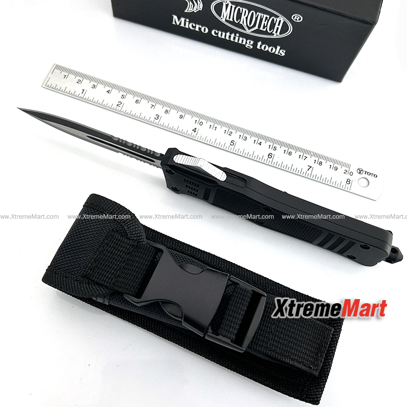 มีดสปริงตรง Microtech รุ่นใหญ่ คม 2 ด้าน กึ่งหยัก คลิปดำ 00556 D/E Automatic Knife Camping Tool