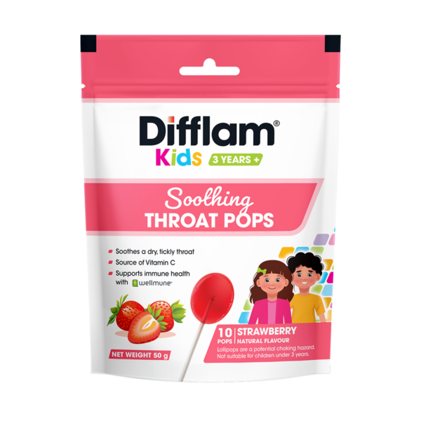 อมยิ้มเสริมภูมิคุ้มกันพร้อมบรรเทาอาการไอสำหรับเด็ก Difflam Kids Soothing Throat Pops