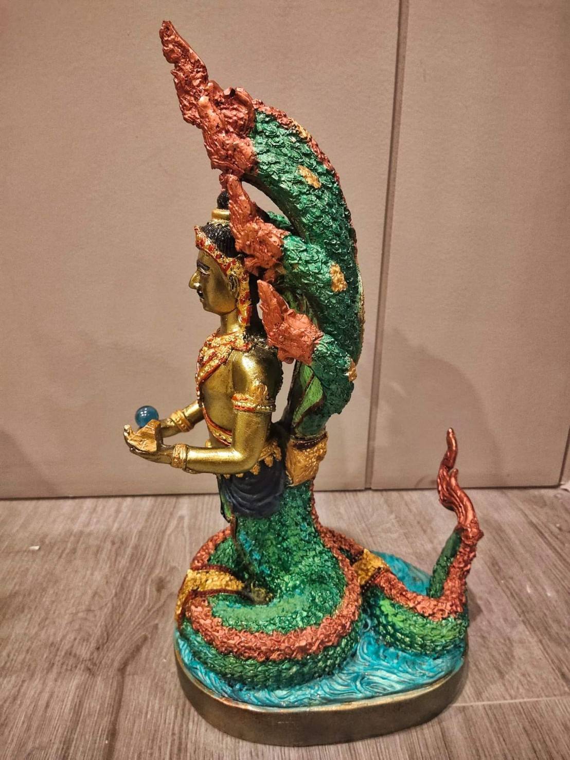 รูปหล่อ พญานาค ปางมนุษย์ครึ่งนาค นาคปรก7หัว (สูง14นิ้ว ฐาน10นิ้ว) เนื้อไฟเบอร์ ลงสี (งานสั่งทำ ขายปลีก ขายส่ง)