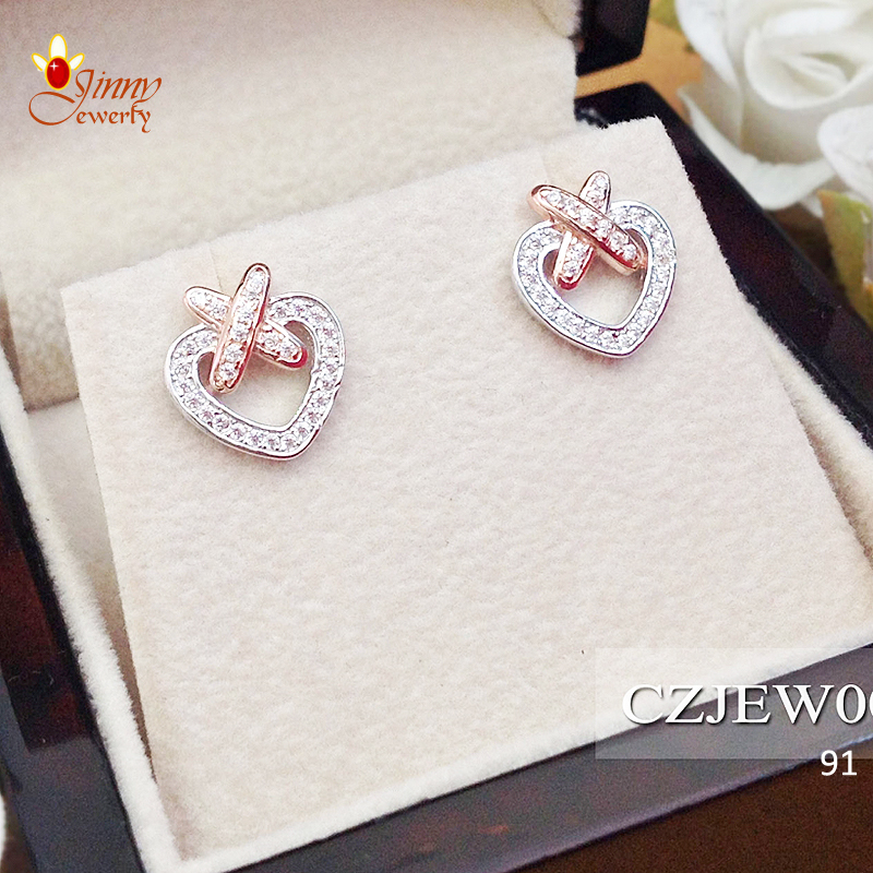 ต่างหูเงินแท้ รูปหัวใจ ประดับเพชร cz งานแซม PinkGold