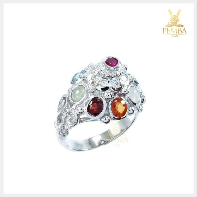 แหวนนพเก้า ตามตำราโบราณ เงินแท้925 ชุบทองคำขาว แหวนพลอยแท้