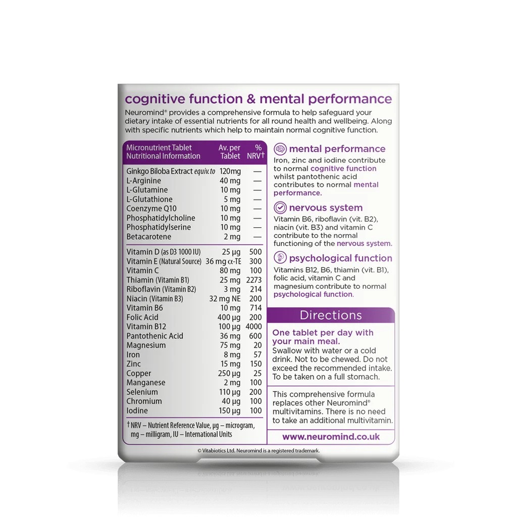 วิตามินบำรุงสมองและระบบประสาทสำหรับเด็กโตและผู้ใหญ่ Vitabiotics Neuromind Original