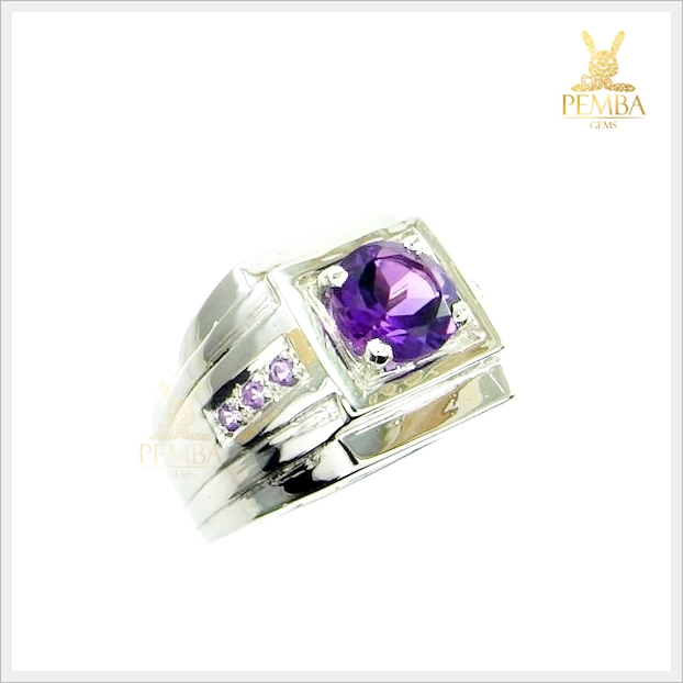 แหวนอเมทิสต์ ทรงกลม เงินแท้925 ชุบทองคำขาว แหวนพลอยแท้