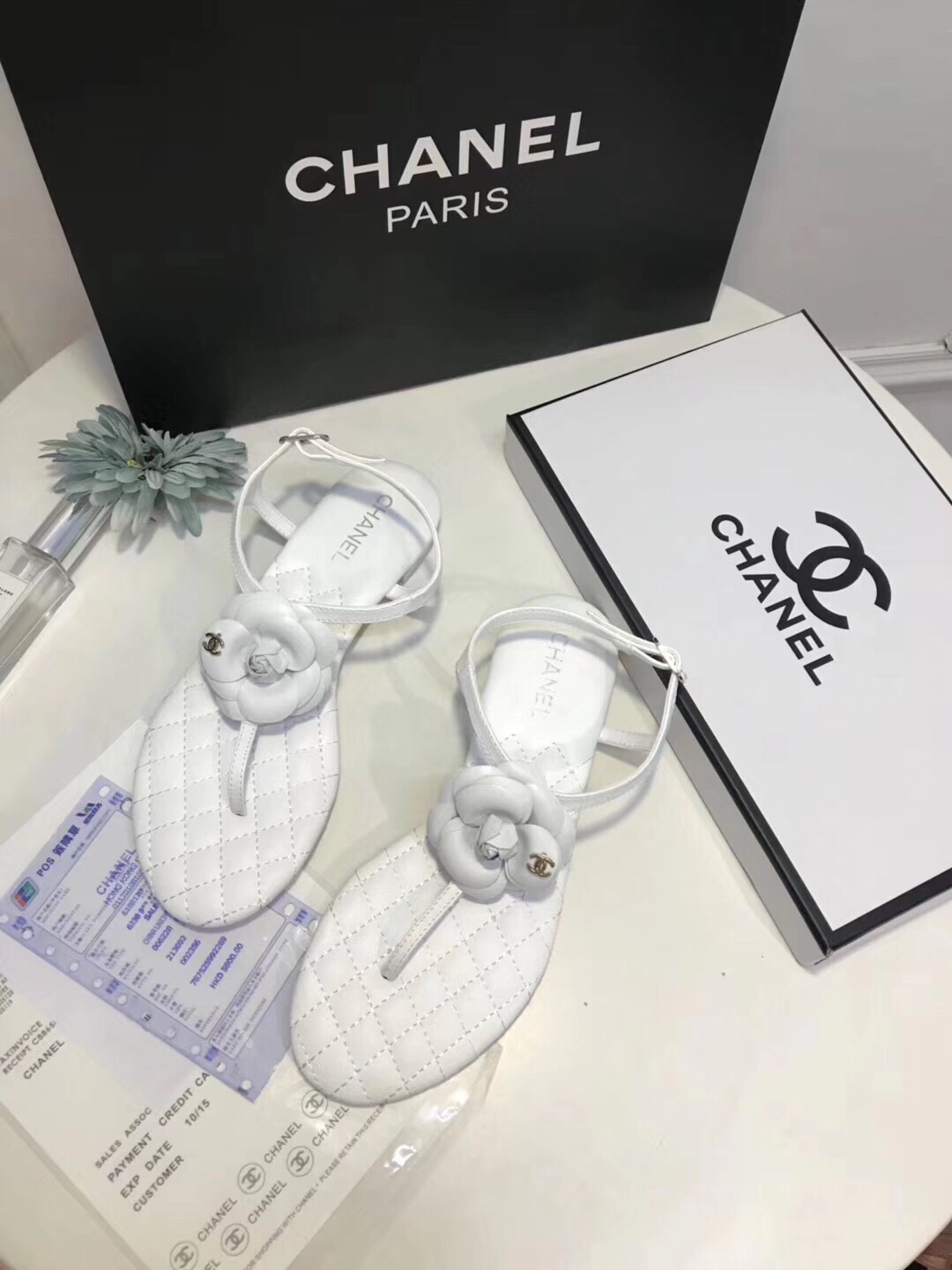 พร้อมส่ง รองเท้าแตะ cn flat camellia sandal รัดข้อ มี 2 สี ขาว ดำ ชมพู size 34-40