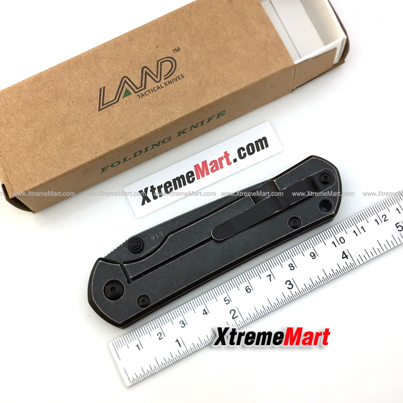 มีดพับ LAND รุ่น 913 (ล็อตใหม่ หมุดสีดำ) ใบมีดสแตนเลส ระบบ Frame Lock Stainless Steel Folding Knife (ด้ามดำ ใบดำ)